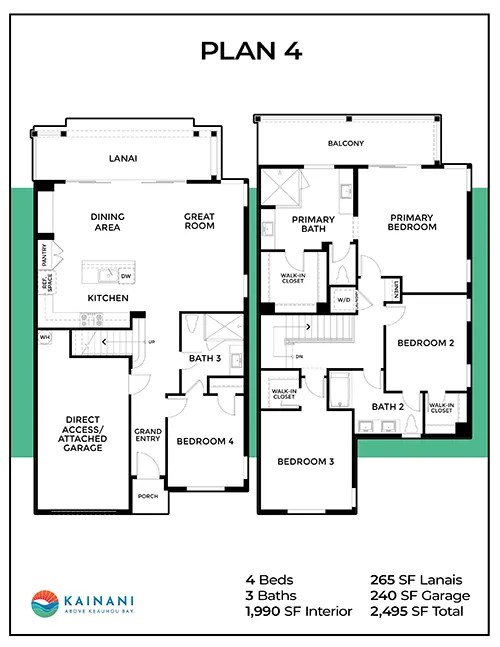Kainani Plan 4 (Lani Plan) floor plan — 4 bed, 3 bath, 1,990 sq ft